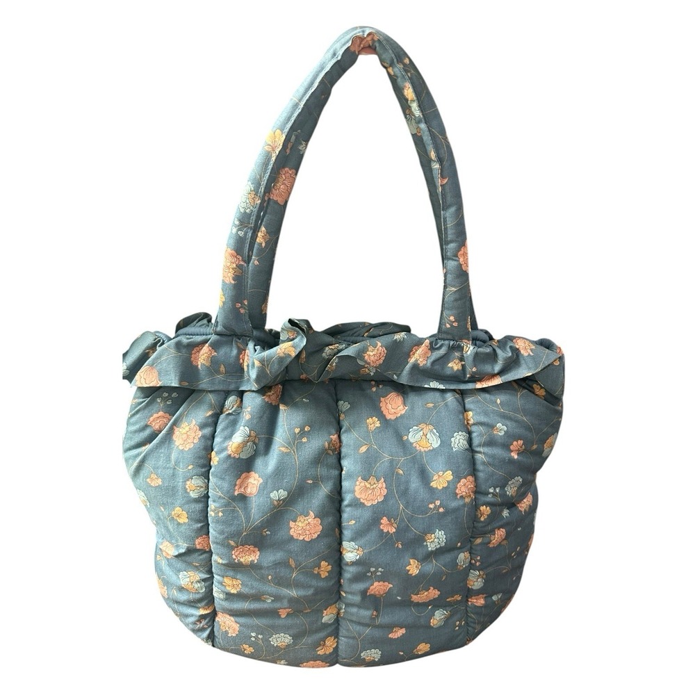 Vintage Flex Frame Dusty Blue Floral Cotton Puffy Quilted Tote Bag Cottage Core